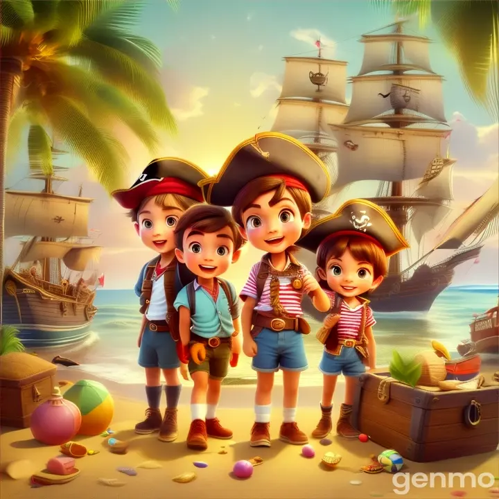 a group of children standing on top of a beach next to a pirate ship