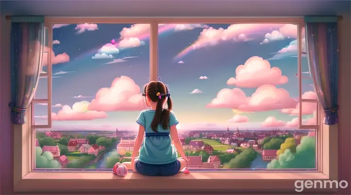 a beautiful girl wearing earphones, seeing outside the house, the rainbow in the sky, with the smiling cloud, size 1280 x720, in the Ghibli style