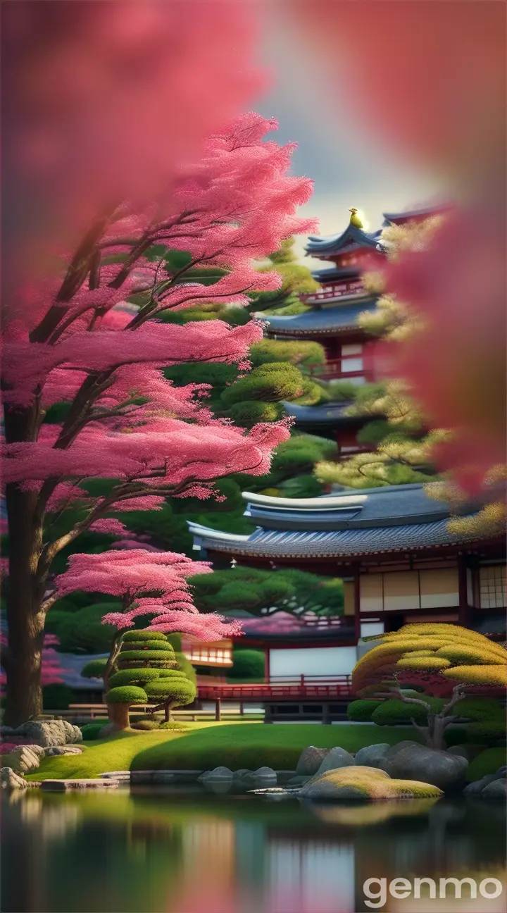 Beautiful birds perched on blossoming trees in a serene Japanese garden with a cozy inn in the background