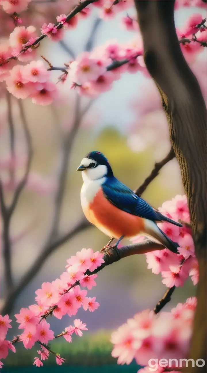 Beautiful birds perched on blossoming trees in a serene Japanese garden with a cozy inn in the background