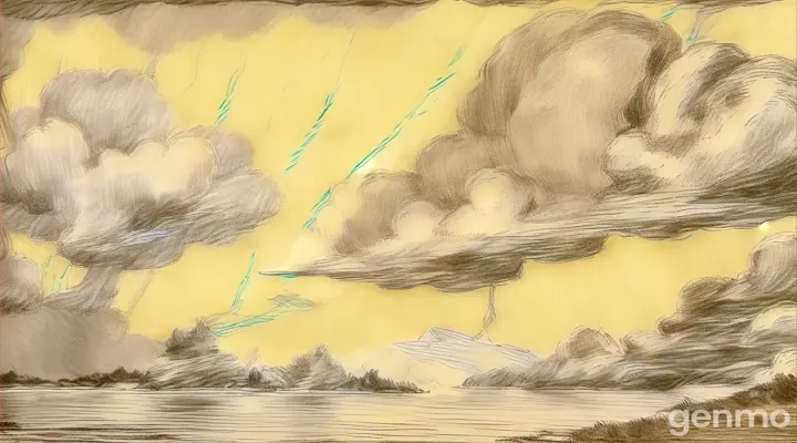 a drawing of clouds over a body of water