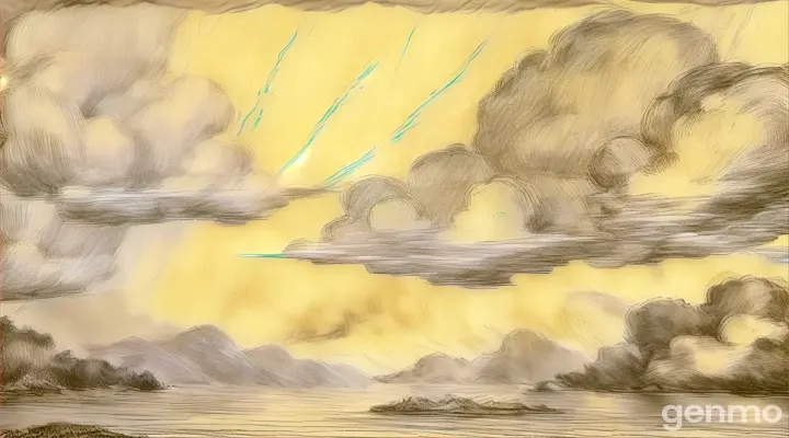 a drawing of clouds over a body of water