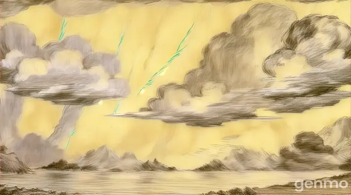 a drawing of clouds over a body of water