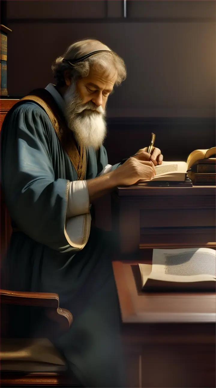 Aristotle is writing in an ancient greek era. He is writing with one hand 
