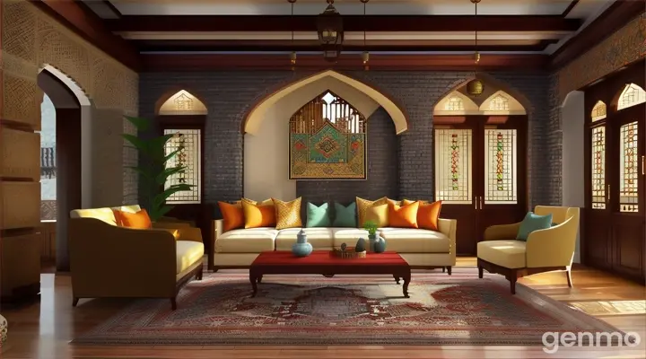 Design the walls with a combination of brick and stone. Leave one or two walls in brick form and cover the rest with natural stone. In certain parts of the ceiling, use traditional Iranian moqrans to give an artistic and historical feel to the space. Design doorways and windows with traditional arches. Furniture And decorations: use wooden furniture with natural colors. Make the main furniture such as sofa and coffee table with natural wood. Use colorful fabrics and various boho patterns for decorations. Place colorful pillows and blankets on the furniture. Use Iranian handwoven carpets to cover the floor.
Colors and patterns: choose warm and natural colors such as beige, brown, red and orange as the main colors. Combine diverse and colorful patterns in fabrics and decorations. Natural materials: use wood, stone, and brick in the walls and Furniture gives a natural and warm feeling to the space. Design the windows large and with wooden frames so that natural light enters well. Lighting: use floor and wall lamps with traditional and modern designs. Add ceiling lamps with traditional moqrans designs.