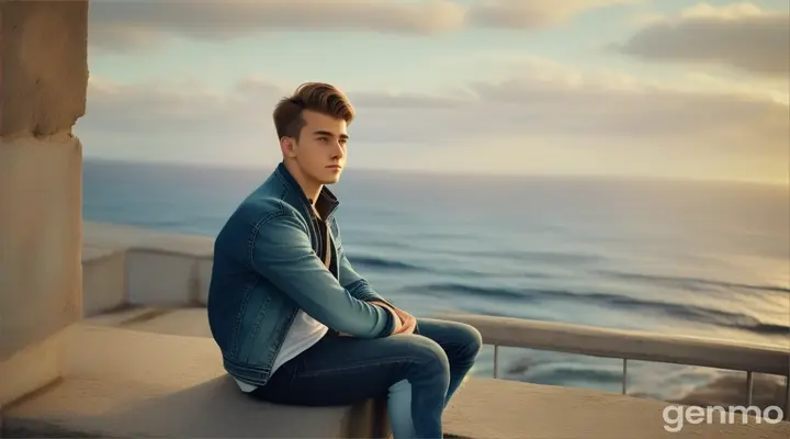 Shot 2: Close-up of the protagonist (a young man dreesh jeens,jacket) sitting on the sea-facing wall, lost in his thoughts.