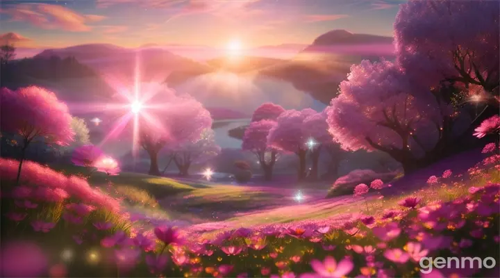  creation of   scene of  The magical pink sparkling  flowers began to glow brighter, their petals shimmering with a magical light Suddenly, a burst of pink sparkles filled the air, and the garden was enveloped in a warm, loving aura. The flowers were back to their vibrant selves,  a tiny shimmering fairy  with sunlight sparkling wing flew around it  16:9  