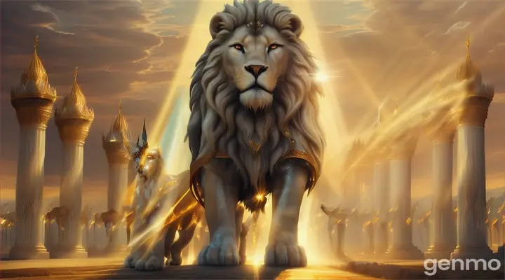 Amidst the chaos and uncertainty of their journey, the Israelites found solace in a transcendent guide. This radiant presence, a tall translucent white light, shimmered with ethereal brilliance. Its light amber eyes, glowing like distant stars, seemed to hold the wisdom of ages past. As the multitude stood at the brink of despair before the impassable sea, the luminous being wielded a magnificent sword, its blade reflecting the light of hope and deliverance. In the distance, a majestic lion stood vigilant, symbolizing strength and courage, ready to protect those who followed the light.