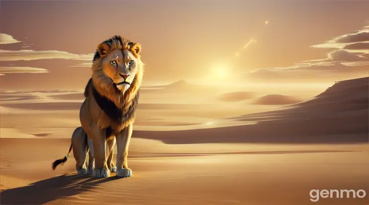 Amidst the scorching sands of the desert, a mysterious white light emerged, its presence a beacon of hope and awe. This ethereal glow was mesmerizing, radiating with a transcendent purity that seemed to come from beyond this world. At the heart of this luminescent spectacle were eyes of light amber, glowing with wisdom and determination, casting their gaze upon the multitudes who followed. A magnificent sword hovered beside the light, its blade shimmering with divine power, poised as a guardian and guide. Behind this celestial scene stood a majestic lion, its regal mane fluttering in the wind, embodying the strength and courage needed for the journey ahead.