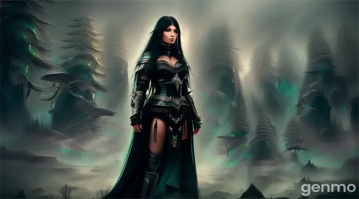 A beautiful warrior woman with long black hair, silver mountains, dark emerald forests, black crows, otherworldly, ethereal landscape