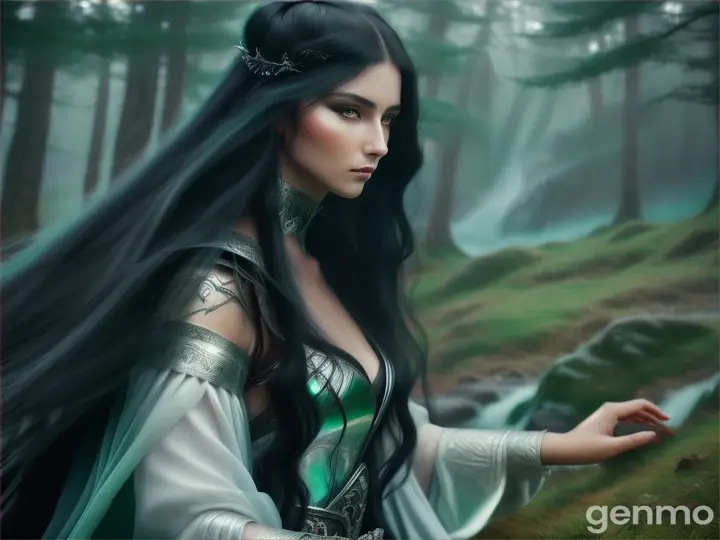 A beautiful warrior woman with long black hair, silver mountains, dark emerald forests, otherworldly, ethereal landscape