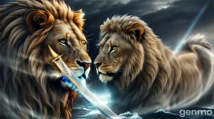The passages describe a transcendent scene where a radiant figure with a magnificent sword, light amber eyes, and a majestic lion emerges amidst tumultuous waves. This luminous being exudes divine energy, offering hope, protection, and guidance to onlookers through wisdom and strength. As the figure commands the waters to part, a path to safety and liberation is revealed, symbolizing faith, courage, and triumph over adversity. The consistent imagery of light, sword, eyes, and lion underscores themes of purity, resilience, clarity, and the victorious spirit that leads towards a new beginning.