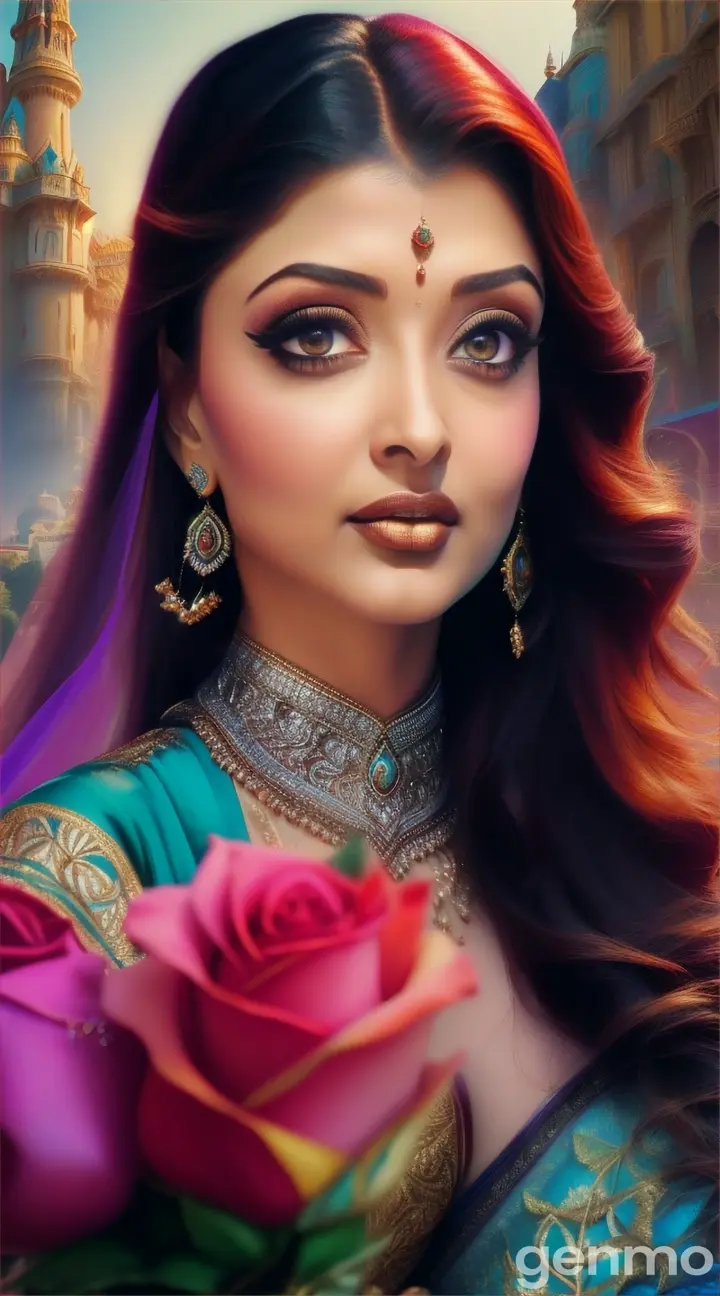 Aishwarya Rai holding a single rose, face in shadow, against a dramatic cityscape backdrop in the style of a Bollywood film, 9:16 ratio