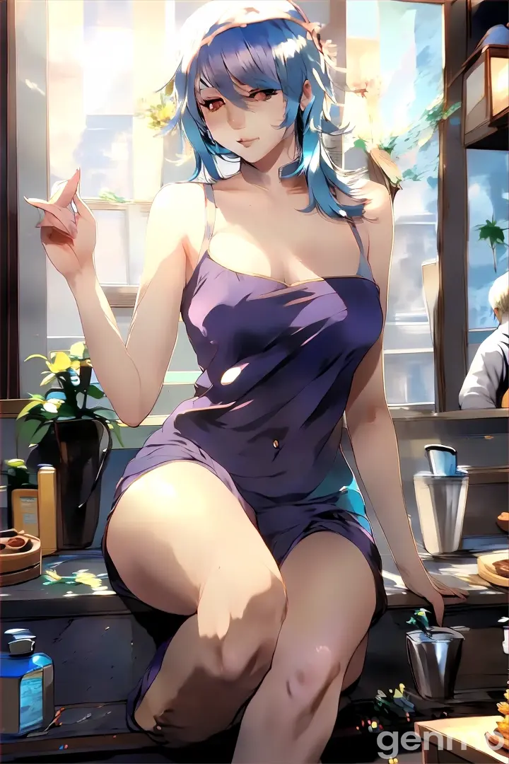 a woman with blue hair sitting on a counter