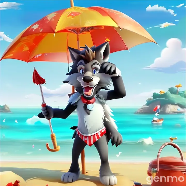 a cartoon wolf holding an umbrella on a beach