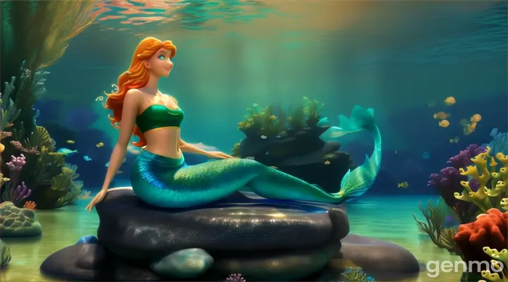 a beautiful mermaid wearing blue  tube blouse,  green tail swiiming under the sea sitting on stone  3D animation cartoon 