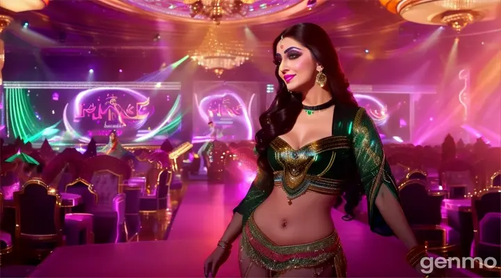 In an opulent, shimmering nightclub with a modern twist, a glamorous Pakistani woman in a sparkling outfit dances energetically to a high-tempo Bollywood item song. The camera captures her fluid movements in 8k wide shots, surrounded by a crowd of cheering onlookers and dynamic neon lights, creating a vibrant, electrifying atmosphere.