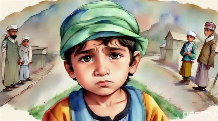 A muslim little boy whose parents seemed upset lived in Kashmir valley cartoon image 