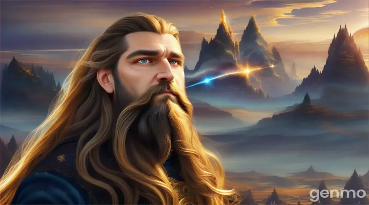 In a mesmerizing scene, a man with long, flowing brown hair and a thick beard stands resolute, his golden eyes filled with fiery determination locking onto yours. Behind him, a fantastical landscape unfolds with shimmering mountains and a sky painted in surreal colors, as if reality itself is bending to his will. Above, a majestic, glowing sword pierces the heavens, casting an ethereal light that illuminates the surroundings with a divine aura. Each stroke of the sword is a symphony of strength and elegance, conducted with a grace that transcends human understanding. As the waves of the Red Sea part, a path of hope and freedom is revealed, creating a breathtaking display of courage and destiny intertwining in a miraculous dance of fate.