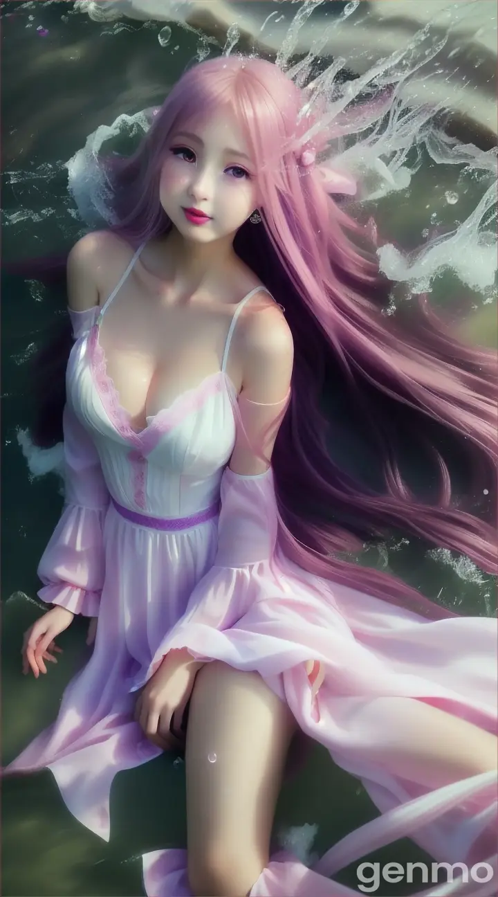 Anime-style young woman with light pink flowy and long hair, purple eyes, fair skin, red lips, wearing a long white dress with long sleeves with a high cleavege, falling into the water in a lying down position on her back sinking into the water with a scared face. Make sure to capture the moment that she splashes into the water. Frame 9:16