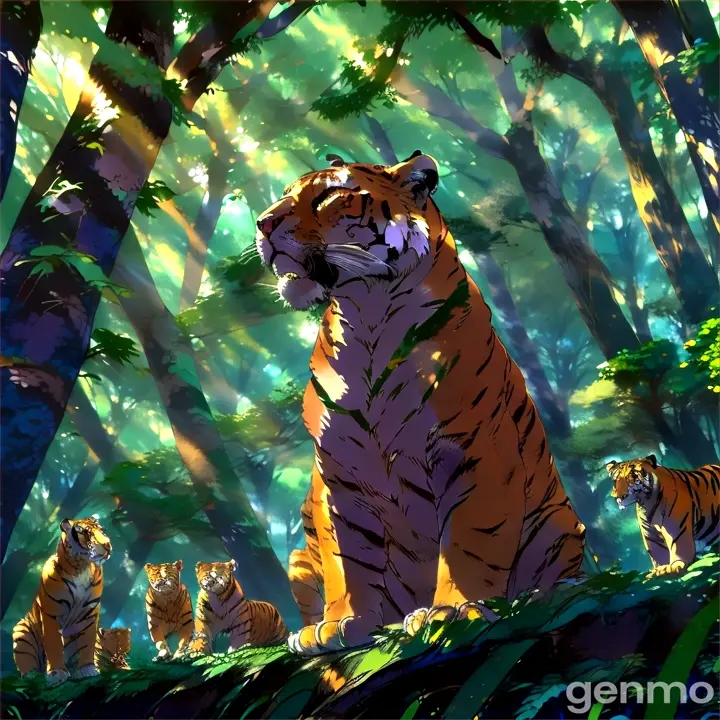 a group of tigers sitting in the middle of a forest