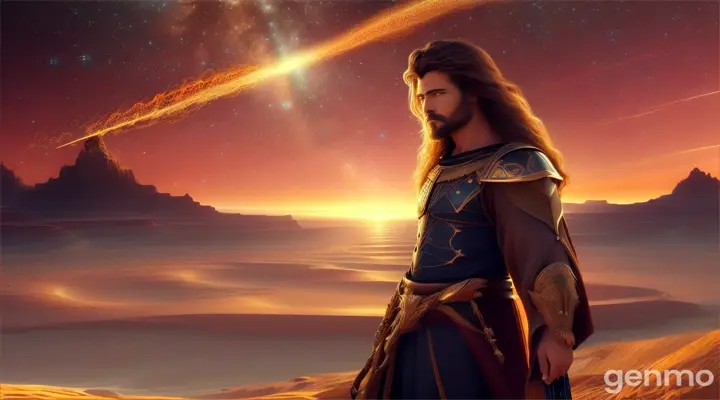 Amidst shifting sands, a resolute man stands—an enigma carved from determination. His sun-kissed hair cascades like molten bronze, each strand catching light as if woven from stardust. His eyes, ancient gold, pierce through reality, revealing forgotten constellations. Behind him, a cosmic landscape unfolds—mountains shimmering with opalescent hues, a sky painted in surreal colors. Suspended in the firmament, an ethereal sword sings with power and finesse. The Red Sea parts, not in fear, but reverence, revealing a path toward destiny. This luminary steps forward—a promise of freedom. 🌊