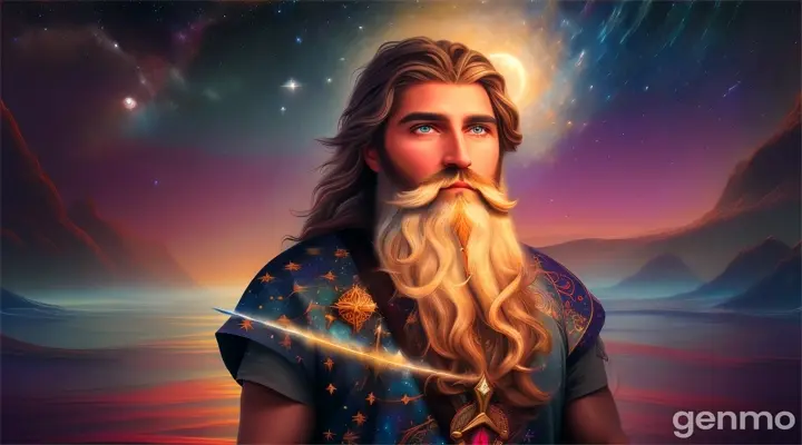 A man with long, sun-kissed hair and wild, untamed beard stands amidst a cosmic landscape. His eyes pierce through the veil of reality, revealing forgotten constellations and whispered secrets. Behind him, the landscape unfurls, revealing glimpses of distant realms beyond mortal comprehension. The sword, forged from comet dust and moonlight, rests in the man's grasp, parting the veils between worlds. The waves of the Red Sea writhe, parting, and a path emerges, beckoning toward distant shores. The man's purpose is etched in the very fabric of existence.