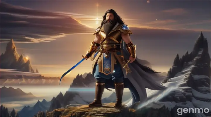 In a breathtaking panorama, a man stands resolute, his long, flowing brown hair and thick beard billowing in the wind, each strand catching the light like threads of gold. His piercing golden eyes, filled with fiery determination, lock onto yours, pulling you into his realm of unwavering power. Behind him, a fantastical landscape unfolds — mountains shimmer with iridescent hues beneath a sky painted in surreal colors, as though reality itself bends to his will. Above, a majestic, glowing sword pierces the heavens, casting an ethereal light that bathes the surroundings in a divine aura. Each stroke of this magnificent blade is not merely a motion but a symphony of strength and elegance, conducted with a transcendental grace. The air crackles with energy as the waves of the Red Sea begin to part, revealing a path of hope and freedom. In this moment, courage and destiny intertwine, creating a spectacular dance of fate and the miraculous. 🌊✨