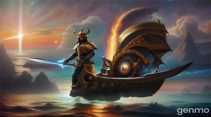 The image features a majestic figure with a surreal appearance, characterized by a radiant face and glowing eyes that exude a celestial aura. His body is enveloped in brilliant light, complemented by a long, flowing scarf that moves with an unseen breeze. The dramatic backdrop includes tumultuous seas and fiery volcanic landscapes, enhancing the mystical atmosphere. The man holds an intricately designed sword, symbolizing his connection to the elemental forces around him, portraying a powerful, divine warrior.