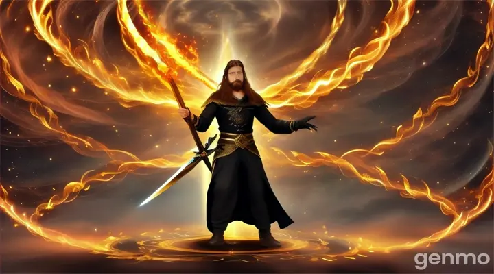 In a realm where reality intertwines with the fantastical, a solitary figure stands at the intersection of creation and chaos, wielding a shimmering sword that defies the laws of nature. This man, with his flowing brown hair and piercing golden eyes, embodies the wisdom and fire of the ages. As he raises the ethereal sword, waves of energy ripple through the air, creating a celestial melody that reverberates with the heartbeat of the universe. Towering cliffs, adorned with vibrant flora, and surreal skies of deep indigo and coral form the enchanting backdrop to this mystical scene. The swirling clouds cast shifting shadows, while waterfalls of liquid light sparkle like diamonds, setting the stage for a moment of divine intervention.