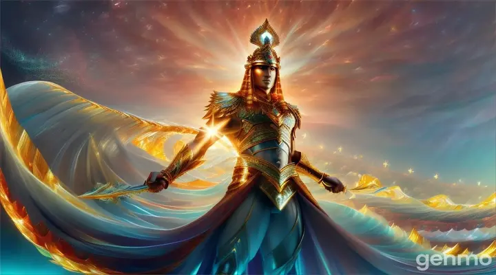 A luminous warrior stands atop a towering red sea wave, radiating serenity and power. His large, clear amber eyes hold a fierce determination, and his body emits a pure white light that casts a celestial glow, turning the tumultuous waters into a vibrant tapestry of ruby and gold. Draped in a long robe of crystalline diamonds, he is a living sculpture of elegance and might, with each facet of his garment refracting light into a dazzling spectrum of colors. In his hand, he wields a magnificent sword, its blade gleaming with cosmic energy. As he stands on the wave's crest, the warrior is a beacon of hope and strength, symbolizing radiant courage in the face of chaos.