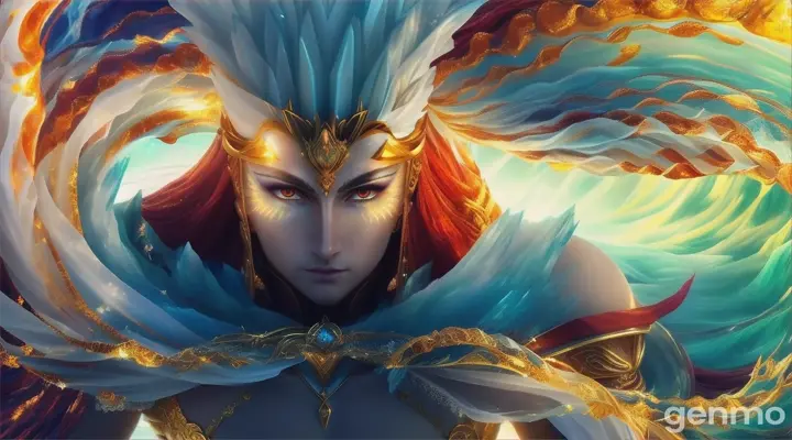 A close up of a luminous warrior stands atop a towering red sea wave, radiating serenity and power. His large, clear amber eyes hold a fierce determination, and his body emits a pure white light that casts a celestial glow, turning the tumultuous waters into a vibrant tapestry of ruby and gold. Draped in a long robe of crystalline diamonds, he is a living sculpture of elegance and might, with each facet of his garment refracting light into a dazzling spectrum of colors. In his hand, he wields a magnificent sword, its blade gleaming with cosmic energy. As he stands on the wave's crest, the warrior is a beacon of hope and strength, symbolizing radiant courage in the face of chaos.
