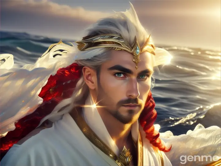 Here's a creative description using your keywords:
---
A luminous warrior stands majestically atop a cresting red sea wave, exuding an aura of strength and serenity. His eyes, large and clear like polished amber, scan the horizon with a determined focus. His radiant body shines with an ethereal white light, casting a gentle glow that dances across the turbulent waters below. Draped in a long robe woven from crystal and diamond, each facet catches the light, creating a dazzling display of refracted colors. In his hand, he wields a magnificent sword, its blade gleaming with a power that seems to resonate with the very essence of the universe. The warrior's presence is a beacon of hope and resilience, embodying the spirit of an unyielding guardian poised to confront any challenge with grace and might.