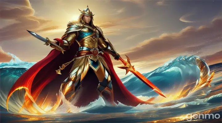 ---
A luminous warrior stands majestically atop a cresting red sea wave, exuding an aura of strength and serenity. His eyes, large and clear like polished amber, scan the horizon with a determined focus. His radiant body shines with an ethereal white light, casting a gentle glow that dances across the turbulent waters below. Draped in a long robe woven from crystal and diamond, each facet catches the light, creating a dazzling display of refracted colors. In his hand, he wields a magnificent sword, its blade gleaming with a power that seems to resonate with the very essence of the universe. The warrior's presence is a beacon of hope and resilience, embodying the spirit of an unyielding guardian poised to confront any challenge