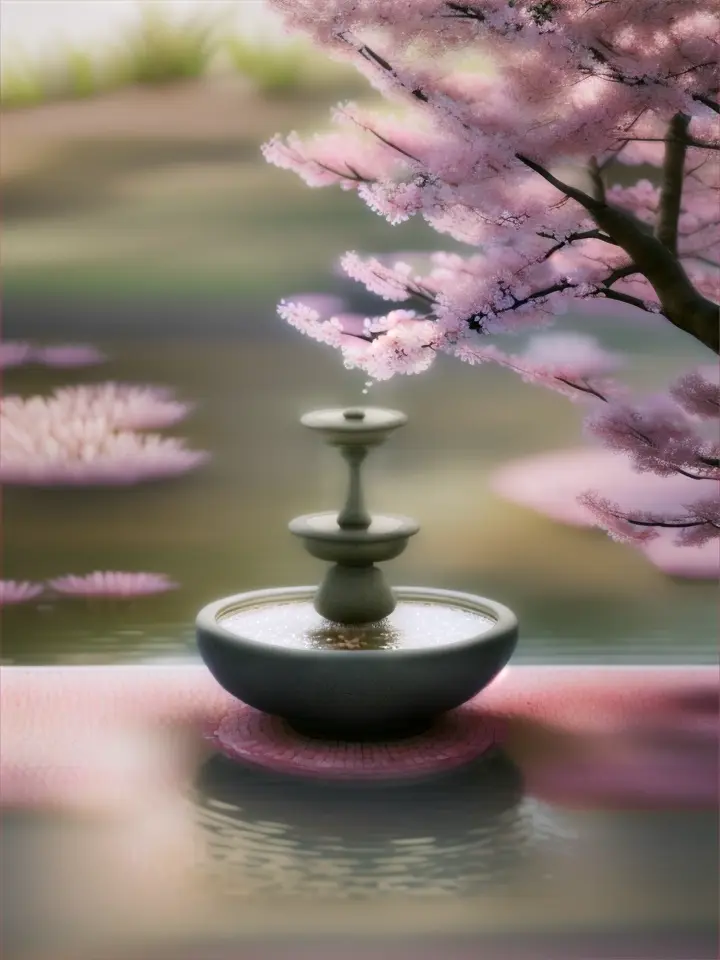 Peaceful Zen garden with cherry blossoms, pastel colors, watercolor