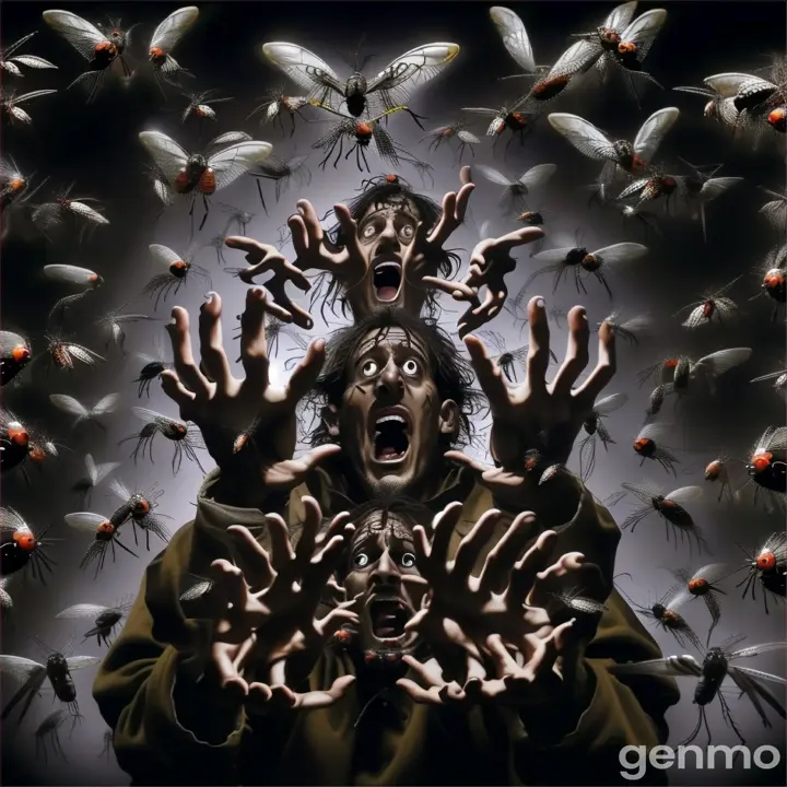 a man surrounded by mosquitoes with her hands in the air