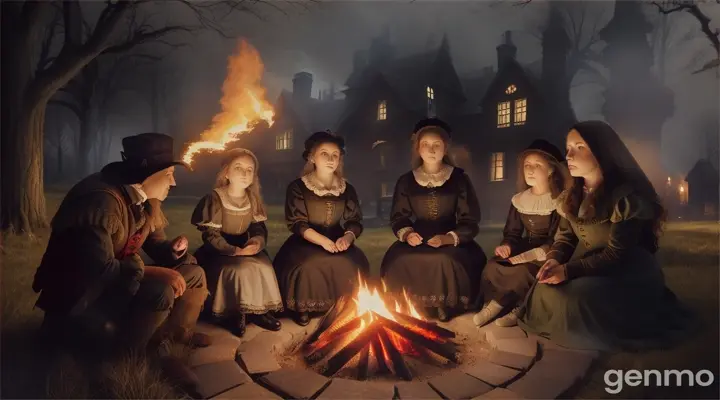 A group of villagers sitting around a fire, with expressions of fear and concern, pointing towards the direction of the mansion.