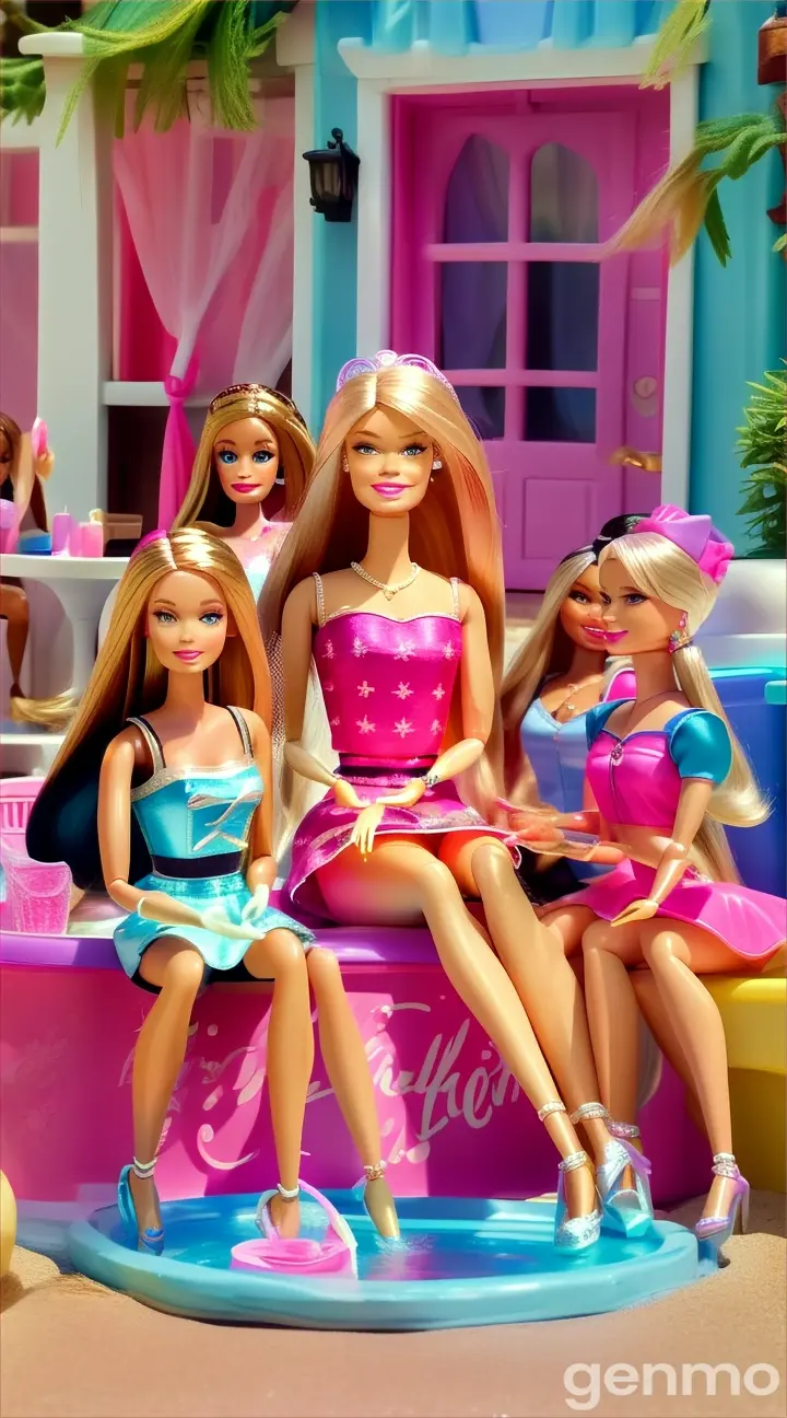 a group of barbie dolls sitting around a barbie pool