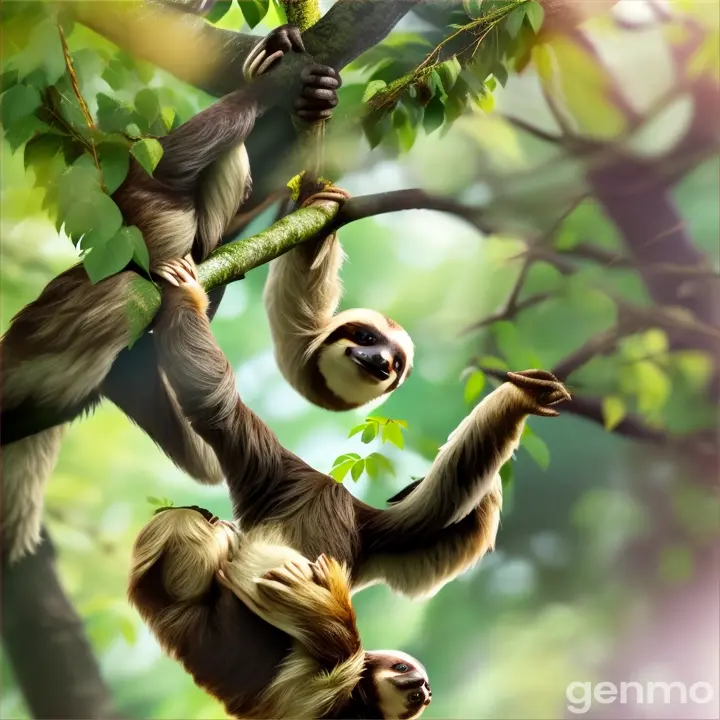 two sloths hanging from a tree in a forest