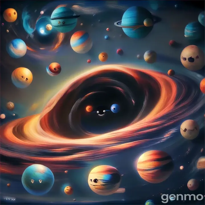 a painting of a black hole surrounded by planets