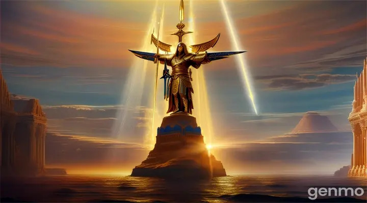 ## A Radiant Warrior Emerges from the Sky
In a breathtaking scene from the Exodus story, a radiant white figure descends from the heavens, a beacon of divine power and purpose. This celestial warrior, clad in robes of shimmering light, stands proudly on the edge of the Red Sea, a magnificent sword grasped firmly in his outstretched hand.
The figure's countenance is serene yet commanding, a reflection of the unwavering faith and courage that burns within. As the waves crash against the shore, the warrior's presence commands attention, a testament to the unbreakable bond between the Almighty and His chosen prophet, Moses.
The Red Sea parts at the warrior's command, revealing a path of dry land amidst the churning waters. Moses, standing in awe of this miraculous display, raises his staff in reverence, his face illuminated by the radiant glow of the celestial being.
This portrait captures a pivotal moment in the Exodus story, where divine intervention and human faith converge to shape the course of history. The radiant warrior, a symbol of God's power and protection, stands as a beacon of hope for the Israelites, guiding them towards the promised land and a future of freedom and prosperity.