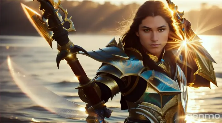 Envision a luminous light warrior moving proudly on the edge of the Red Sea holding his magnificent sword with a shining light halo surrounded him