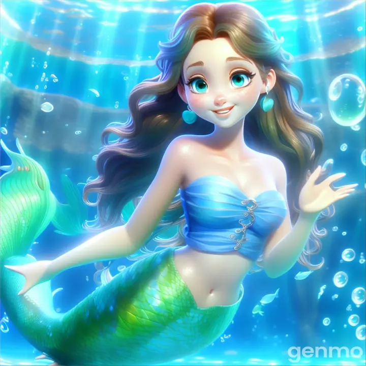 a beautiful mermaid wearing blue  tube blouse,  green  tail  happily swiiming under the sea 3D animation cartoon 