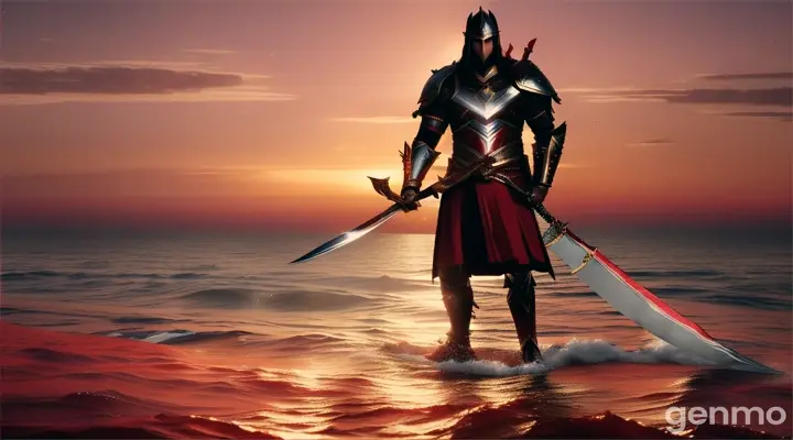 Underneath the vast expanse of a crimson sky, a figure of celestial grandeur perches majestically at the edge of the Red Sea. As the lingering twilight kisses the tips of the ocean, a radiant warrior stands vigilant. His silhouette is striking against the myriad hues of the tide, his presence commanding and awe-inspiring.
In his steady, powerful grip rests a magnificent sword, its blade a smooth, gleaming corridor of light, effortlessly piercing the gathering dusk. The hilt, encrusted with gemstones that seem to house fragments of fallen stars, emanates an ethereal glow, reflecting the burning embers of the setting sun.
Encircling his form is a halo of luminous magnificence, a celestial aureole that crackles with divine energy. It dances with every movement, brushing against the salt-laden breeze, casting pools of shimmering light upon the ancient sands at his feet. The halo's radiance provides warmth and guidance, like a beacon in the approaching night, a defiance against the encroaching darkness.
Draped in armor that shimmers with a silver luminescence, his every step creates a symphony of soft, chiming notes, a melody that speaks of valor and honor. His eyes, sharpened and glowing with an inner fire, scan the horizon with the keen sight of a guardian set on protecting the worlds beyond.
The Red Sea itself seems to hum with anticipation, its rhythmic waves reflecting his unwavering resolve. Each crest bursts with a transient sparkle, a fleeting reflection of the warrior's profound aura.
As he moves proudly along the water's edge, the interplay of light and shadow creates an ever-shifting canvas of splendor and mystery. It chronicles his endless journey, the legend of the luminous light warrior, an eternal sentinel who stands as the very embodiment of hope and resilience amidst the twilight of an ancient world.