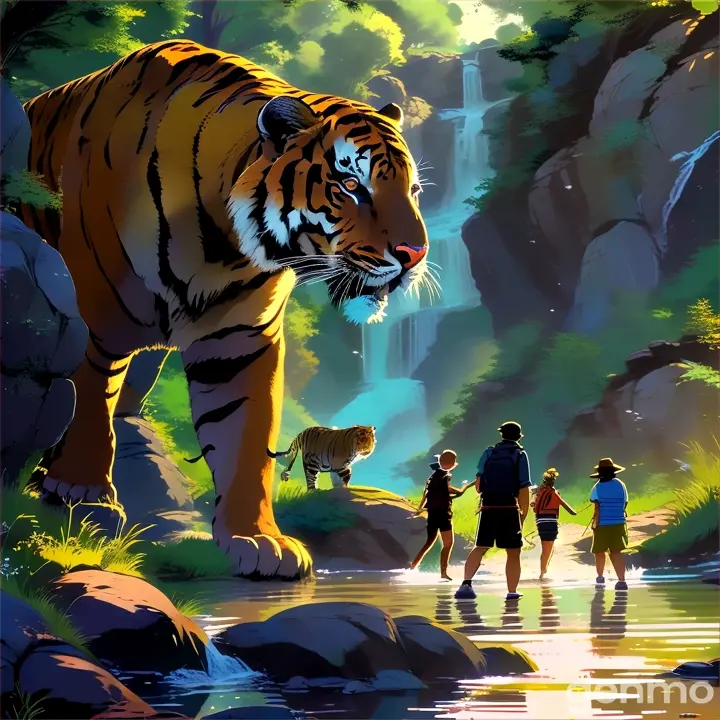 a group of people walking across a river next to a tiger