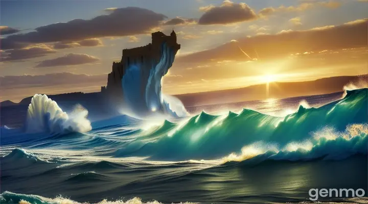 In a breathtaking moment, the Red Sea stands towering on either side like colossal walls of shimmering blue, illuminated by the radiant glow of a brilliant, white light that embodies Moses. His silhouette, a majestic figure, wields a magnificent sword that sparkles with divine energy, casting a warm, ethereal light onto the waters. The towering waves rise dramatically, frozen in time, as if nature itself is holding its breath in awe of this miraculous event. The atmosphere is charged with an otherworldly essence, the air thick with anticipation and reverence, creating a mesmerizing spectacle that captivates the hearts and minds of all who witness it. 🌊✨