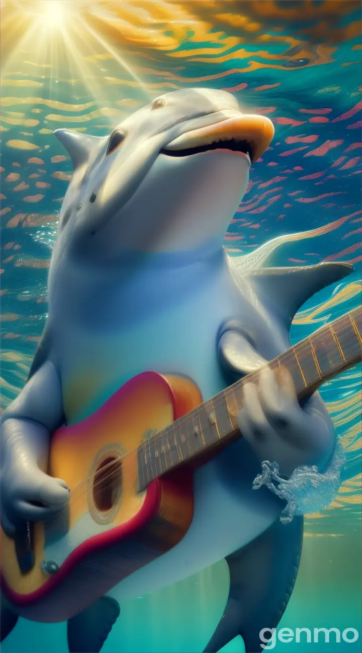 A dolphin playing the guitar underwater.