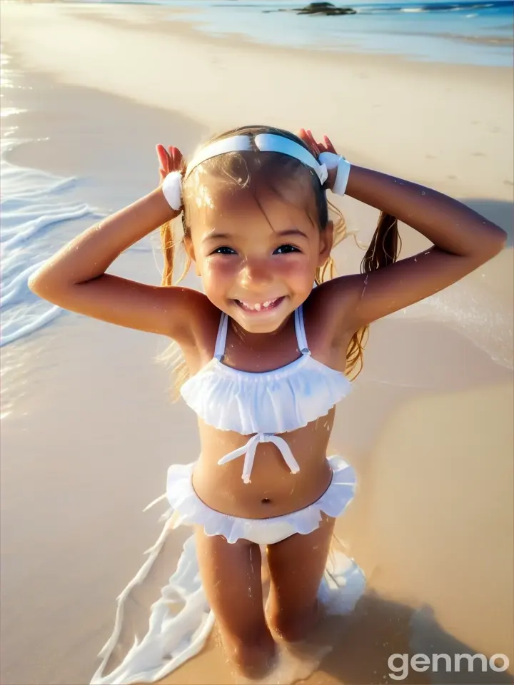 Young girl, age 7 years old, 7yo, pigtails, white swim wear, bikini wear, bare feet, happy, beach, dancing, tanned legs, close up body, arms up, bare, wet