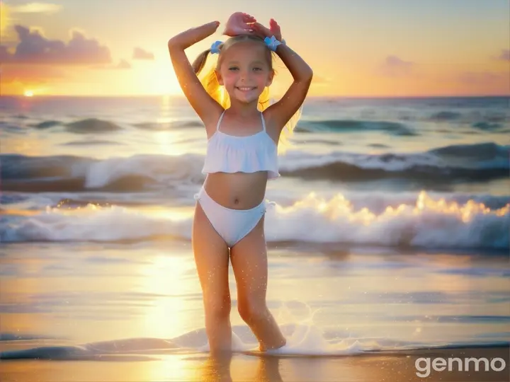 Young girl, age 7 years old, 7yo, pigtails, white swim wear, wet bikini wear, bare feet, happy, beach, dancing, tanned legs, close up body, arms up, bare, wet body