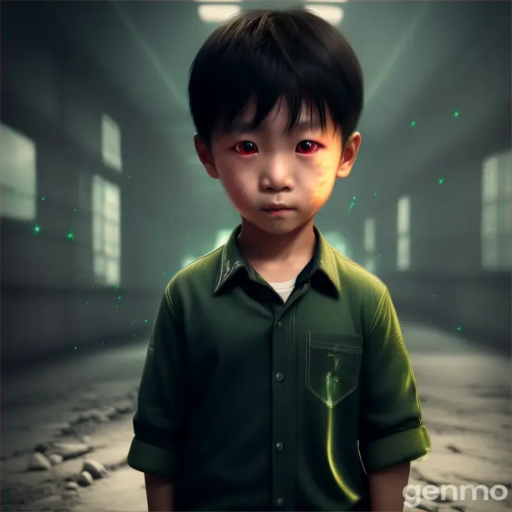 a Korean 4 year old a little child boy his eyes megicaly glowing his eyes clor is green he is looking magical and horror and cracks on his body